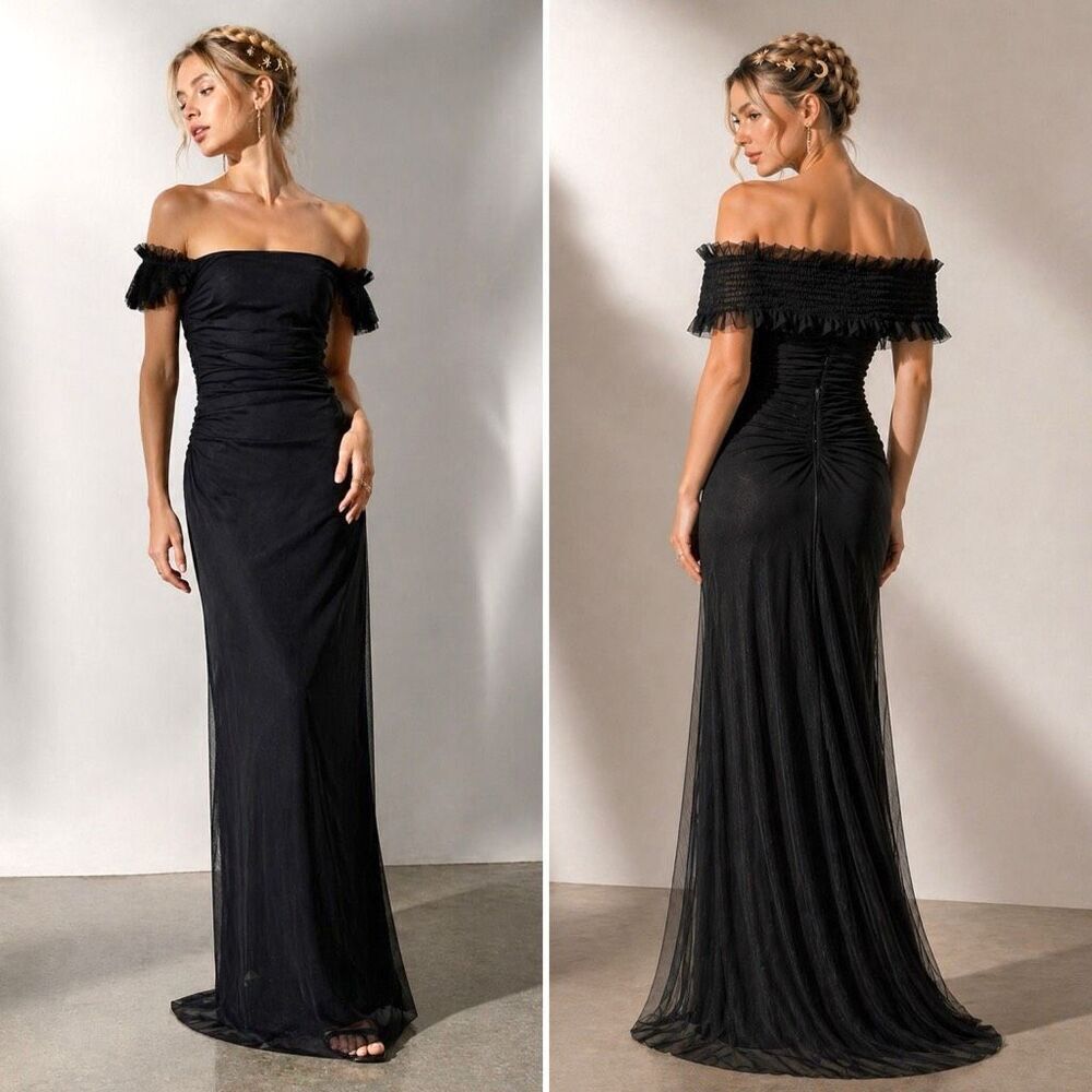 Vtg Tadashi Black Mesh Ruched Maxi Dress S Gothic Vampire Fairygoth Witchy